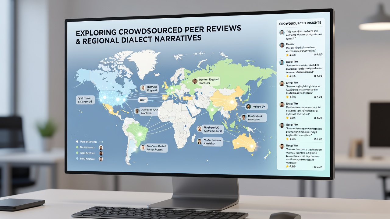 Diverse group of reviewers collaborating on dialect narrative feedback in a virtual workspace